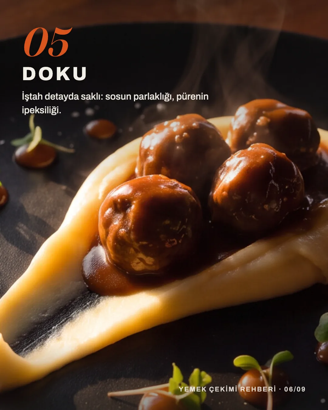 Yemek sunumunda sos parlaklığı, püre dokusu ve iştah açan yakın detaylar
