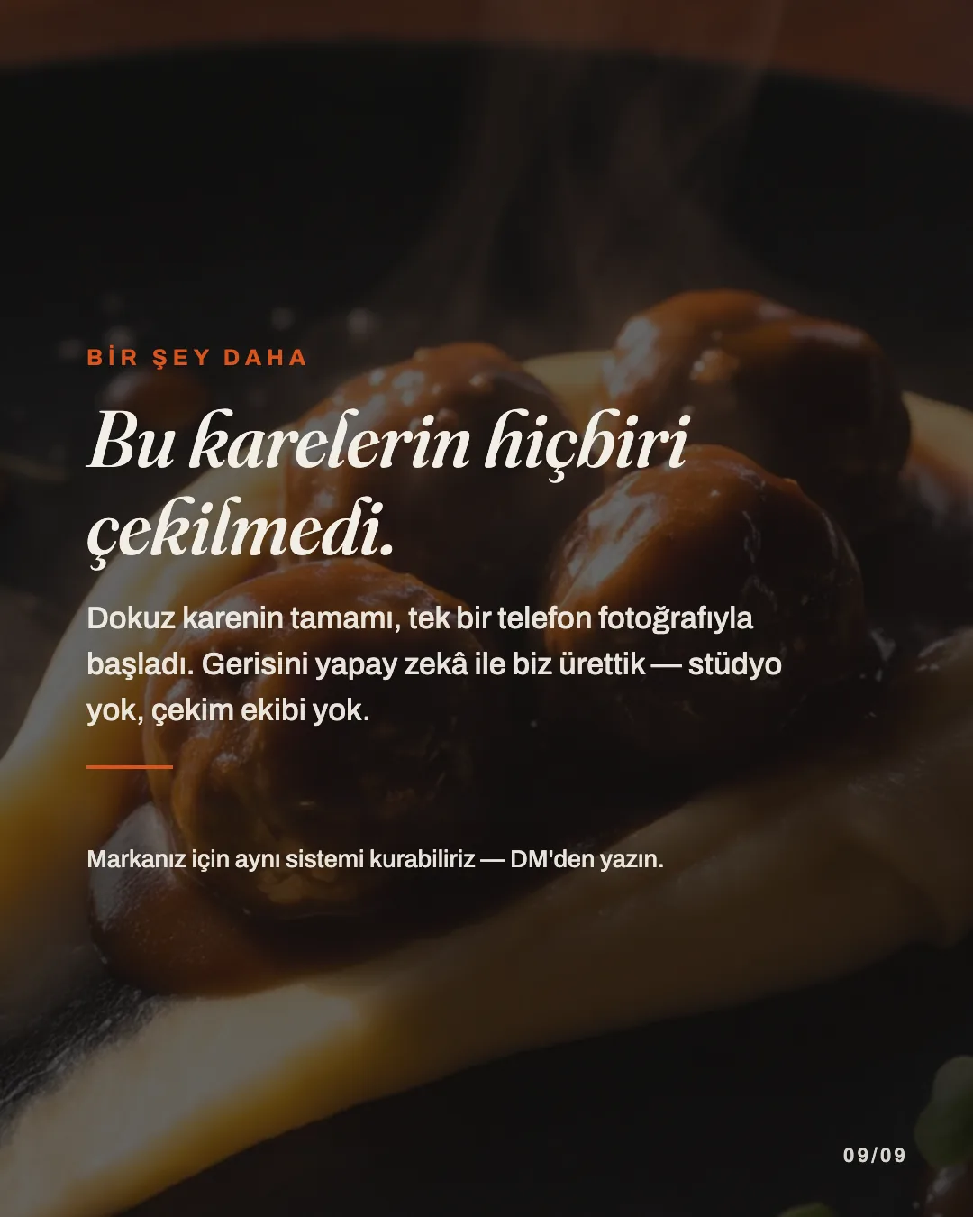 12/24 Ajans'ın yapay zekâ destekli yemek görselleştirme yaklaşımını anlatan karusel kapanış görseli